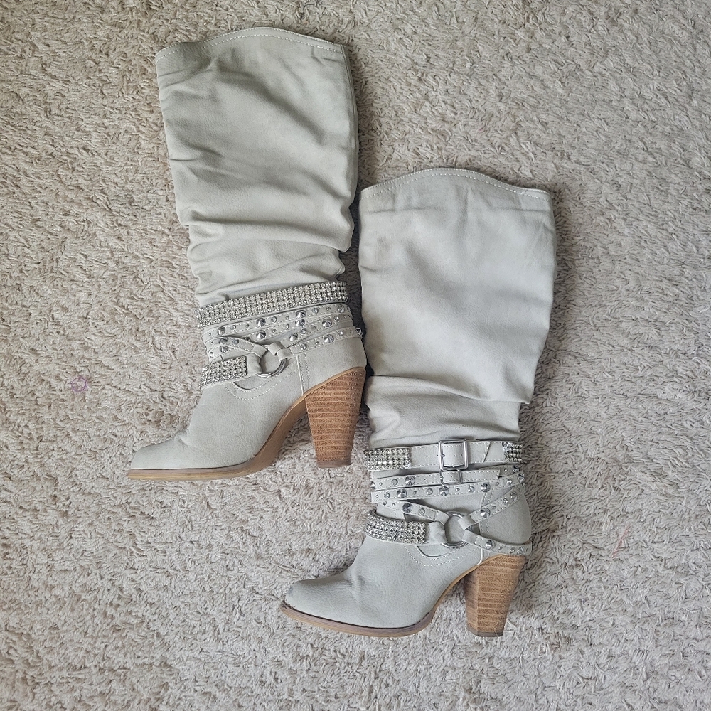 Not Rated Bedazzled Cream Heeled Boots Size 8